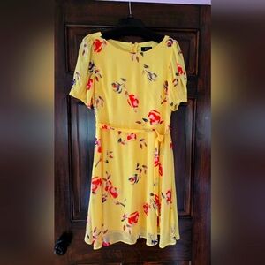 DKNY Yellow Floral Print Belted Dress